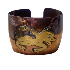 Vintage Wide Cuff Mexican Copper Brass Abalone Shell Bracelet